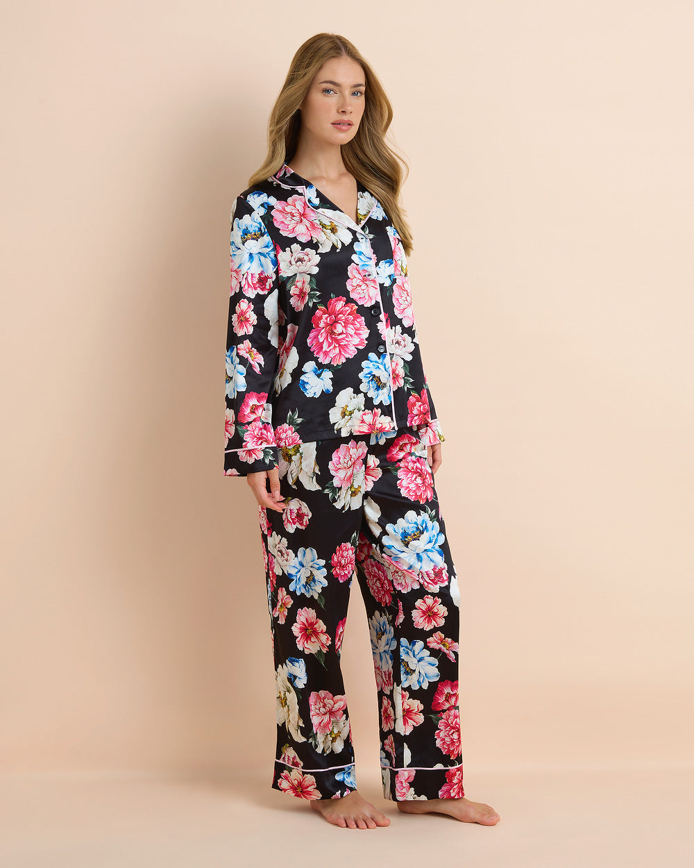 Dark Floral Satin Long PJ Set