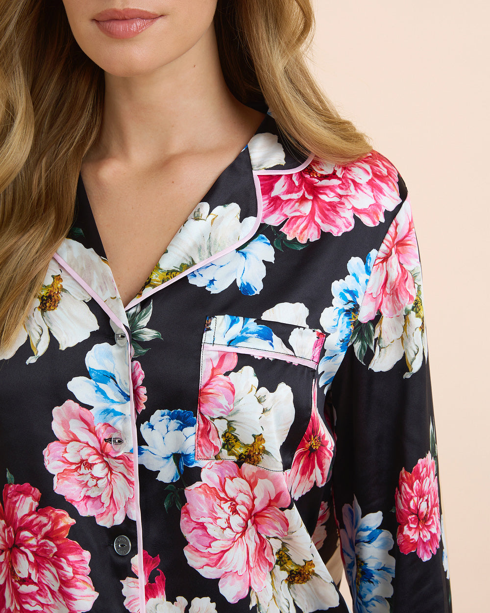 Dark Floral Satin Long PJ Set