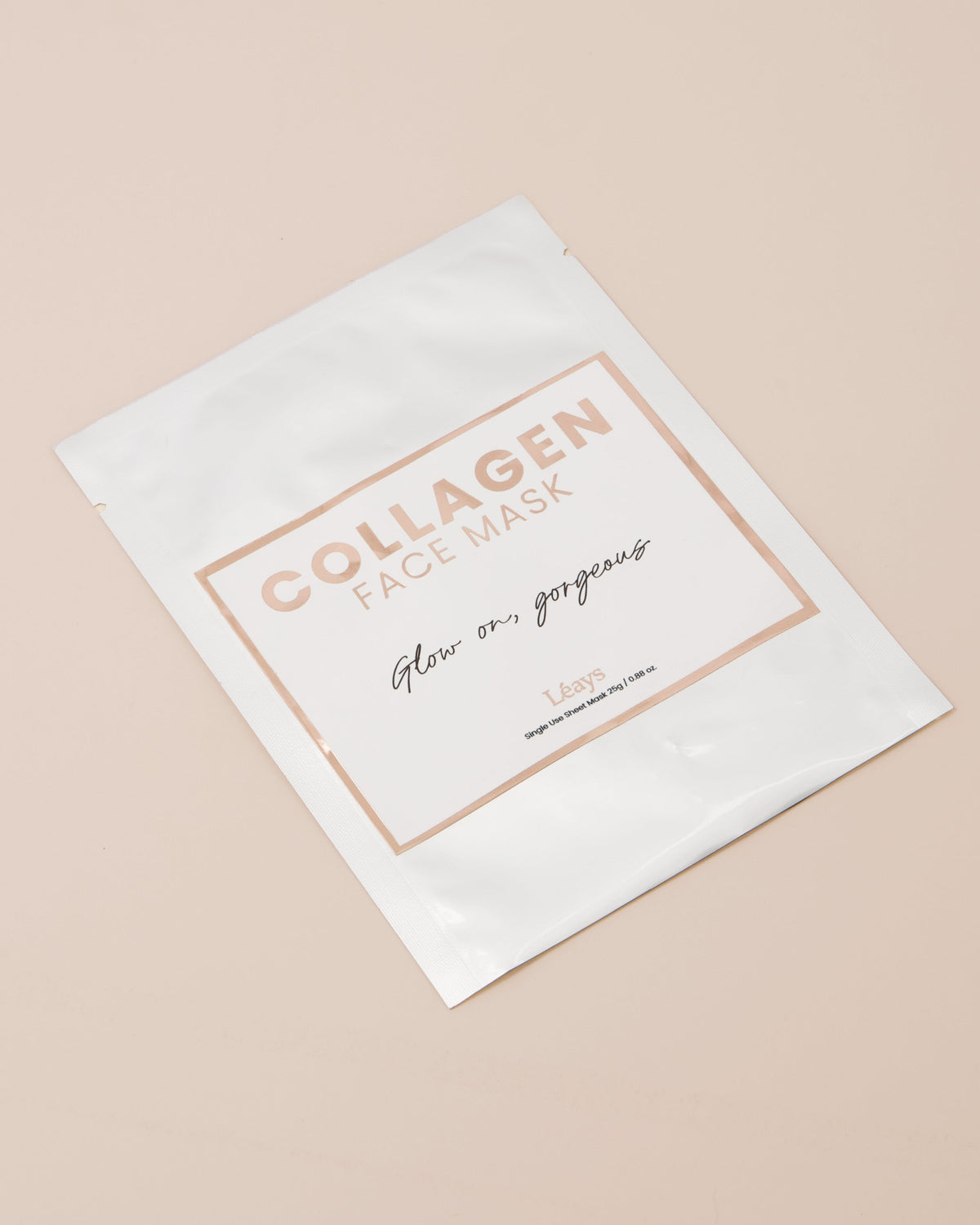Collagen face mask packaging on a beige background