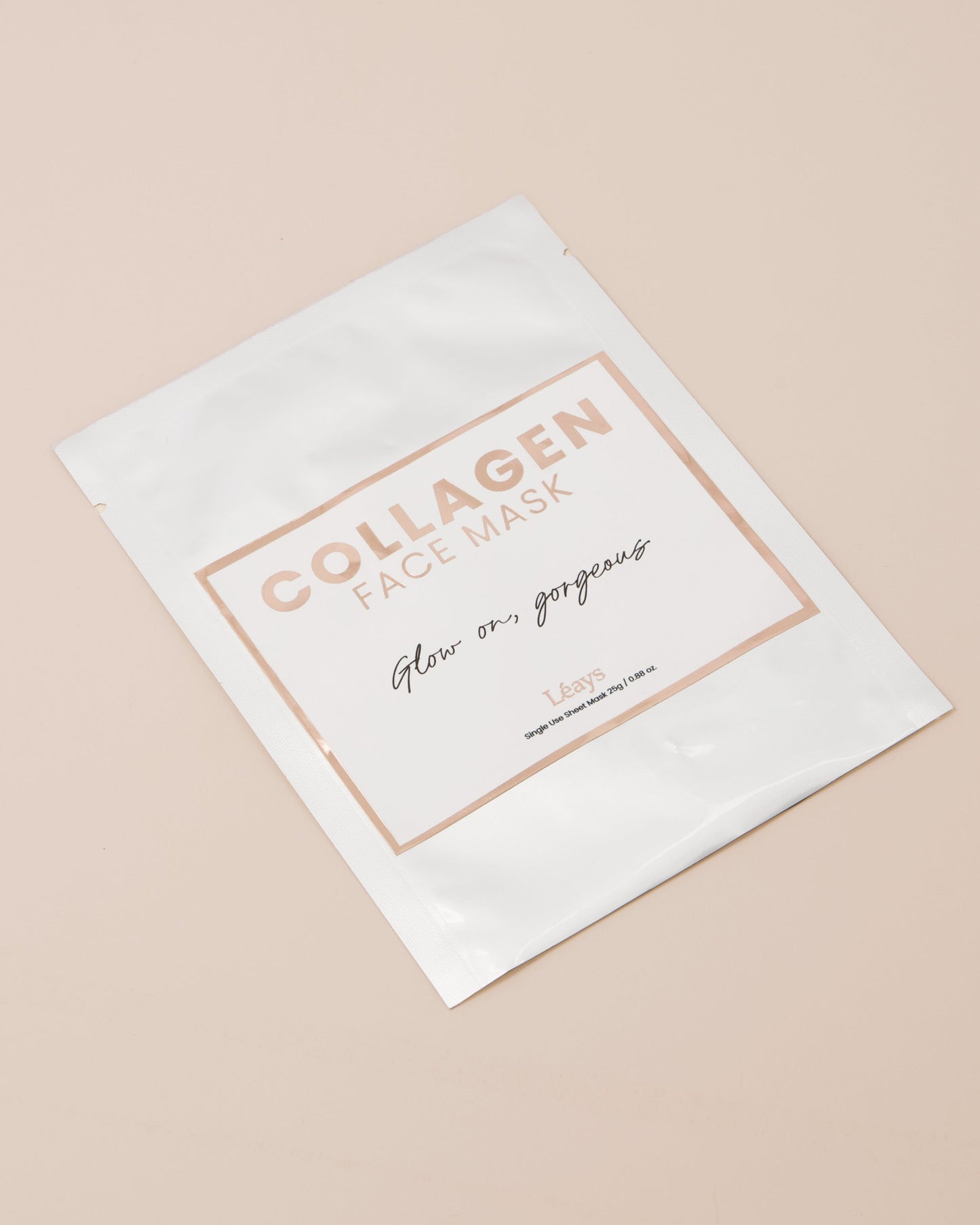 Collagen face mask packaging on a beige background