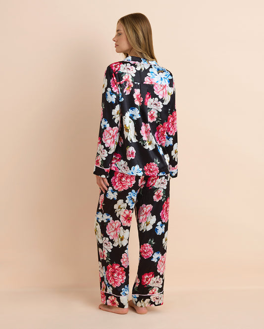 Dark Floral Satin Long PJ Set