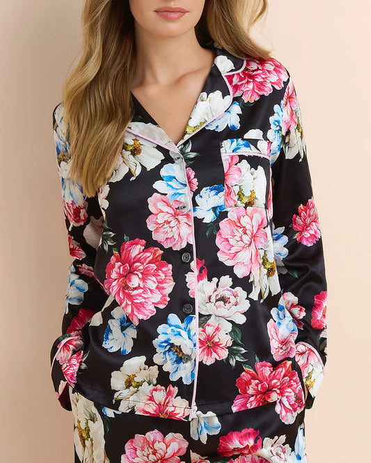Dark Floral Satin Long PJ Set