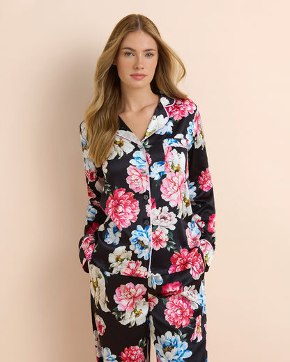Dark Floral Satin Long PJ Set
