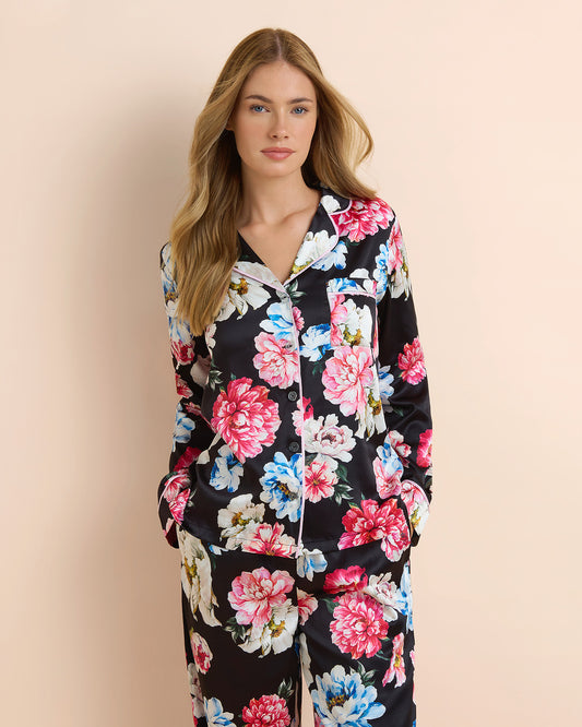 Dark Floral Satin Long PJ Set