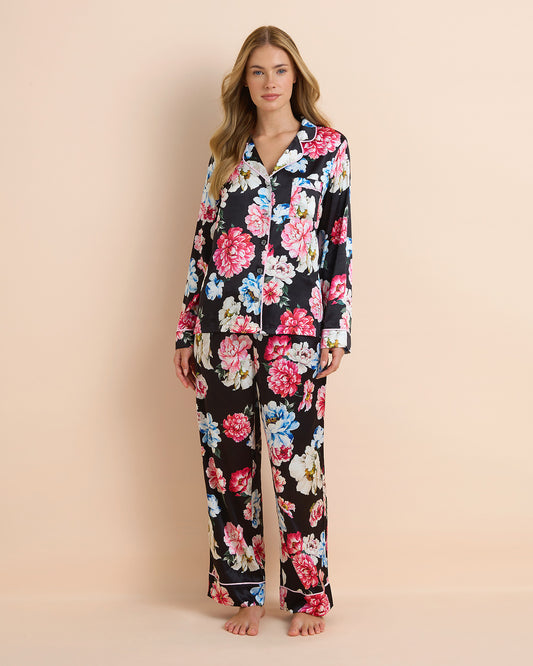 Dark Floral Satin Long PJ Set