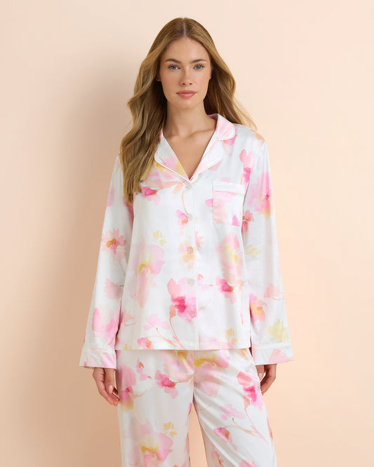 Light Floral Satin Long PJ Set