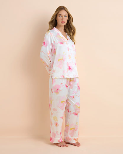 Light Floral Satin Long PJ Set