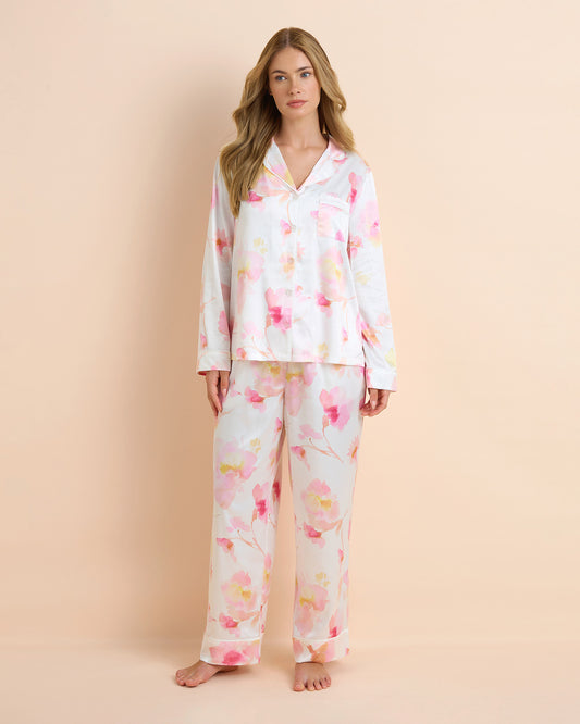 Light Floral Satin Long PJ Set