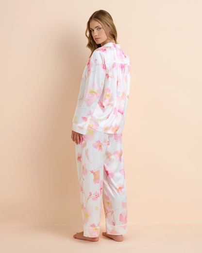 Light Floral Satin Long PJ Set
