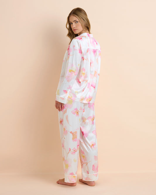 Light Floral Satin Long PJ Set